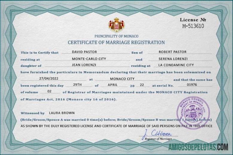 Realista modelo PSD de certidão de casamento em Mônaco